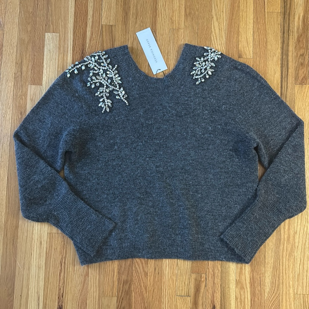 Veronica Beard Valerie Sweater Crystal Embellished Rhinestone Charcoal Gray - M